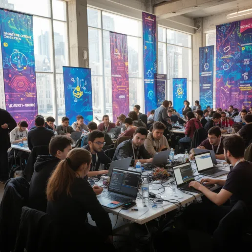 A bustling tech hackathon with developers collaborating at tables, colorful banners, and a city skyline through floor-to-ceiling windows